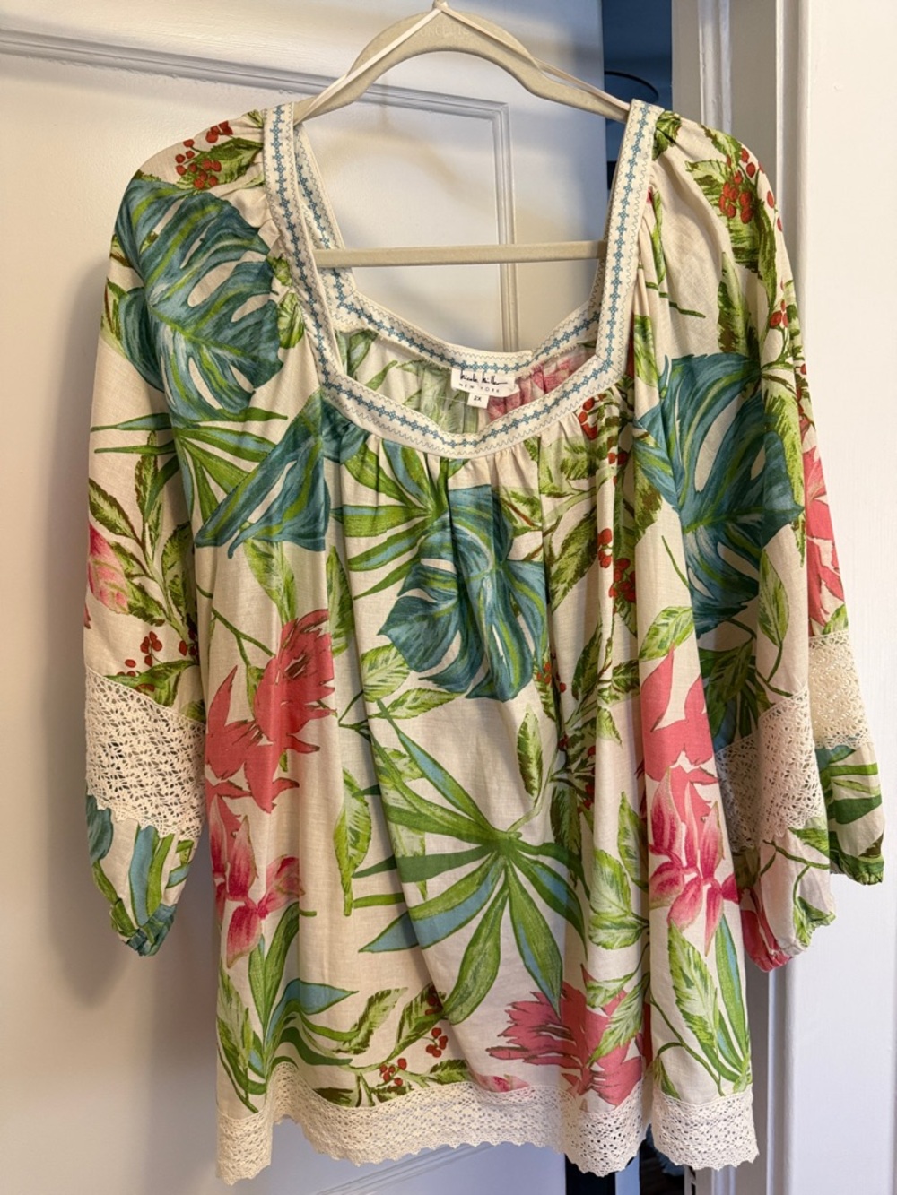 Nicole Miller Cream Tropical Floral Peasant Tunic with Pink & Green
